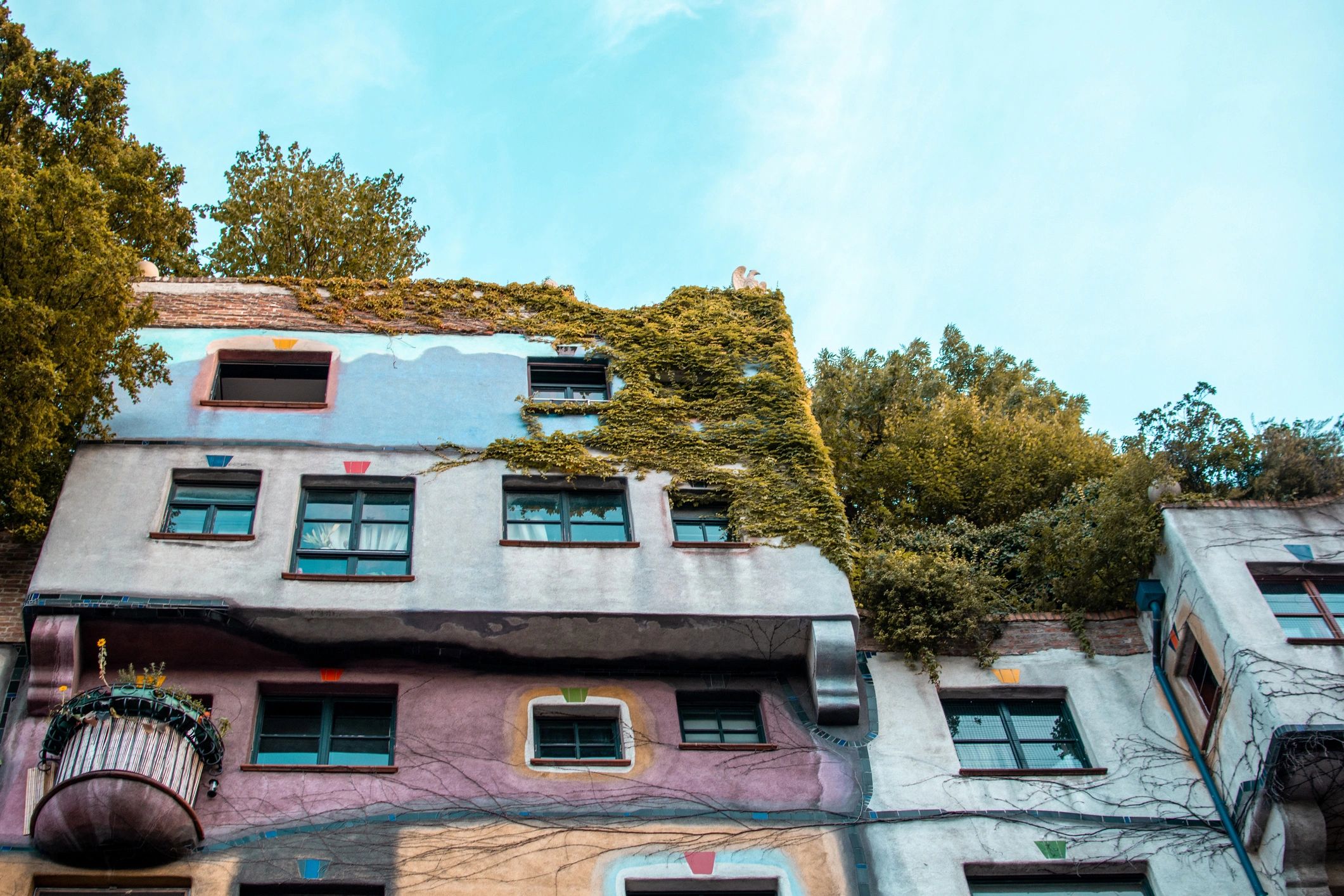 Colourful building facade with multiple windows